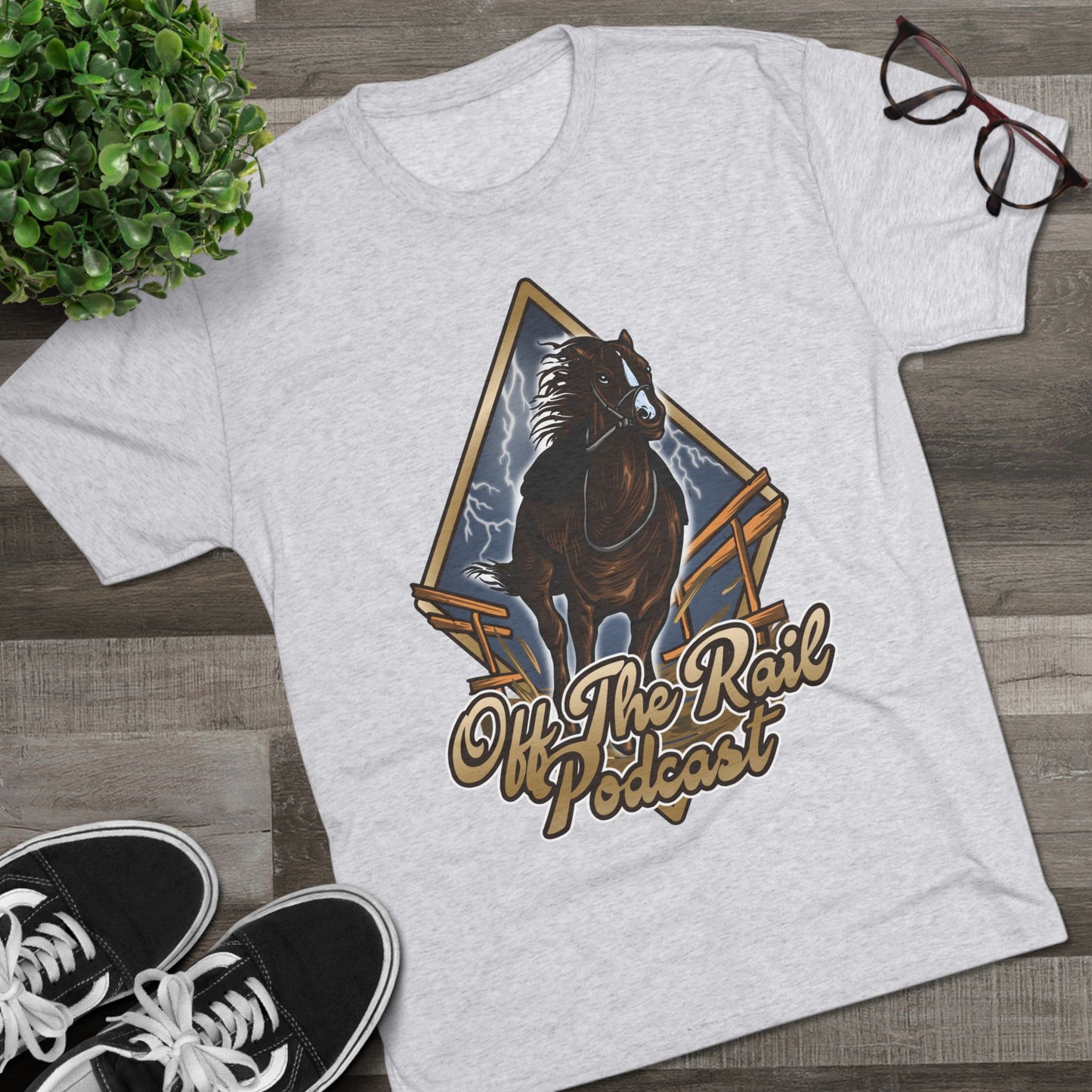 Off The Rail Podcast Unisex Tri-Blend Tee, Horse Racing, Podcast Merchandise, Equine Apparel, Stylish Crew Neck Shirt